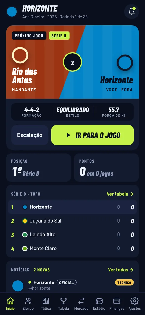 Tela de início do jogo: o próximo jogo, Rio das Antas contra Horizonte, a posição na tabela e as notícias